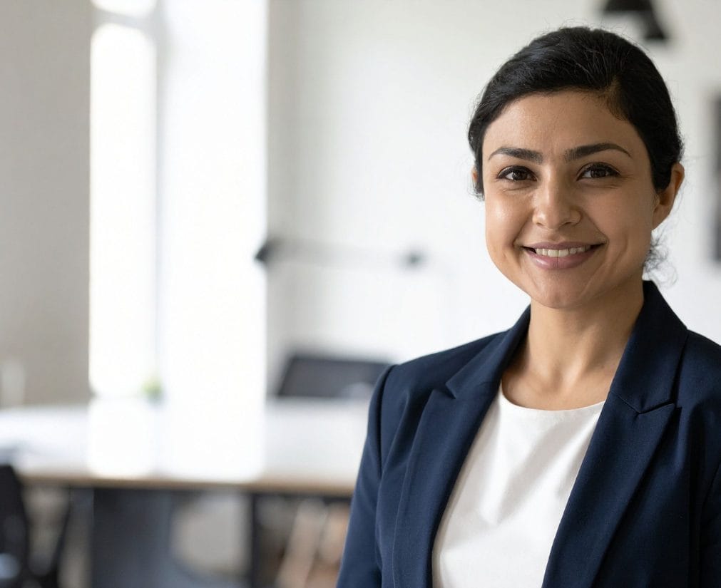 Staffing professional smiling in an office setting, representing workforce staffing and employment screening services.